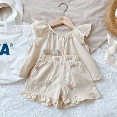 Kids Blouse Set 2in1 Front Button Sulam Design Girl OOTD Cream Gold Khaki Color